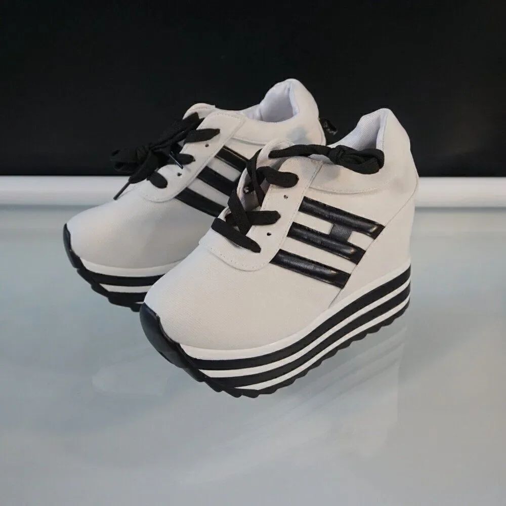 Women's Platform Sneakers Lace Up Shoes Increased Height Skateboard Shoes Sz 37